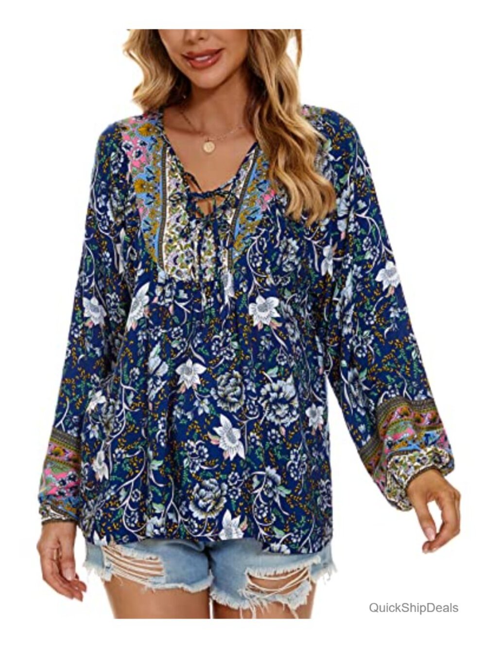 100% Rayon Floral Boho Tunic Top Self-Tie V-Neck Loose Beach Blouse
